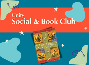 Text reads “Unity Social & Book Club”, above an image of the book “The Four Agreements” by Don Miguel Ruiz