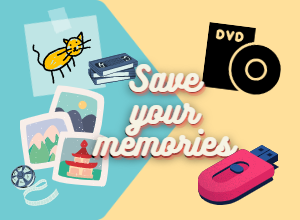 Cartoon artwork depicting children’s drawings, photographs, film, VHS tapes, DVDs, and a USB drive.