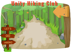 Artwork of a path leading into a forest. At the top is text, “Unity Hiking Club”.