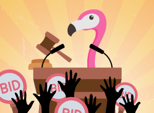 Artwork of an auction, with raised hands and signs that read “BID”. At the back is a podium with a gavel, and the auctioneer is...a flamingo