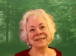 Sharon Fallon Shreve, on a green tinted background of forest