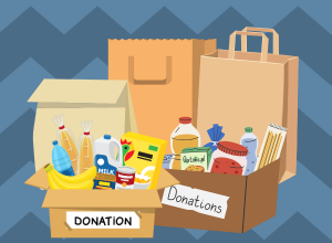 Cartoon artwork of boxes of donations containing food