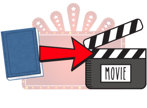 Artwork. A book on the left, a red arrow pointing right in the center, and a director’s clapboard that says “MOVIE” on the right.