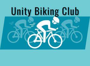 Artwork of a 3 people on bicycles. Above them, text reads “Unity Biking Club”.