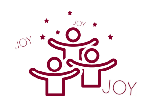 Simple art of 3 people gathering, arms upraised with stars sparkling above, with the word “JOY” appearing all around them.